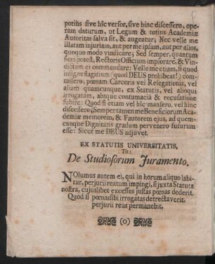 Ex Statutis Universitatis, Tit: De Studiosorum Juramento