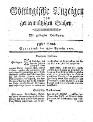 38stes Stück. Sonnabend, den 18ten September 1773.