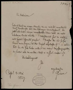 Brief von Jacob Grimm an Ignaz Theodor Liborius Meyer