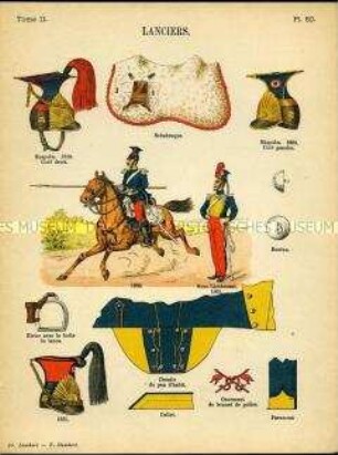 Uniformdarstellung, Ulan und Ulan-Unterleutnant, Detailstudien von Kopfbedeckungen, Schabracken und Abzeichen verschiedener Ulanen-Regimenter, Frankreich, 1839/1868.
