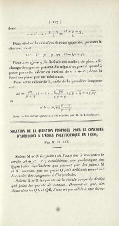Solution de la question proposée pour le concours d'admission a l'école polytechnique en 1880.
