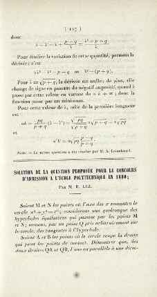 Solution de la question proposée pour le concours d'admission a l'école polytechnique en 1880.