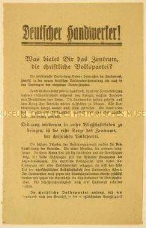 Programmatischer Wahl- und Beitrittsaufruf der Christlichen Volkspartei an die Handwerker
