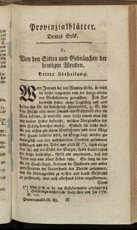 1. Von den Sitten und Gebräuchen der heutigen Wenden. Dritte Abtheilung.