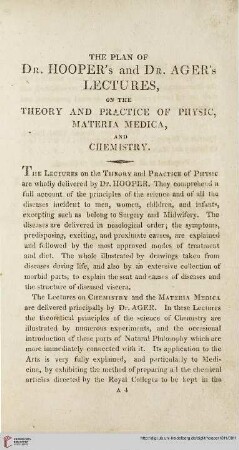 The plan of Dr. Hoopers's and Dr. Ager's lectures on the theory and practice of physic, materia medica, and chemistry