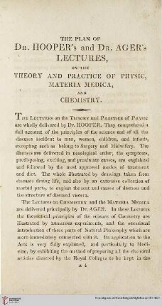 The plan of Dr. Hoopers's and Dr. Ager's lectures on the theory and practice of physic, materia medica, and chemistry