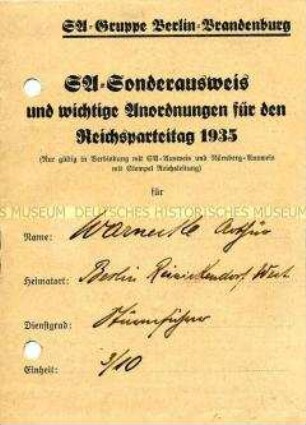 SA-Sonderausweis - Reichsparteitag 1935 - für Arthur Warnecke