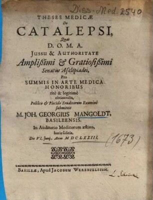 Theses Medicae De Catalepsi