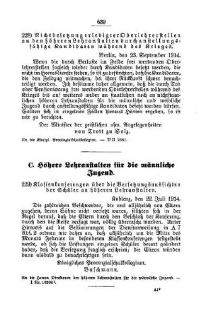Klassenkonferenzen über die Versetzungsaussichten der Schüler an höheren Lehranstalten : [C. Höhere Lehranstalten für die männliche Jugend]