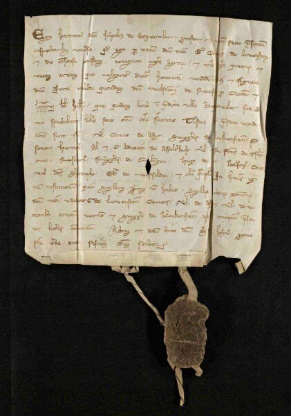 Hartmann Hupolz von Poppenweiler verkauft durch die Hand und mit Bewilligung seines Herrn Grafen Gottfrieds von Löwenstein (Levenstain) an Judinta, die Witwe Wolframs zu Rems (Remse), 90 Jauchert Acker, 3 Jauchert Wiesen und eine Hofreite im Dorf Poppenweiler, durchaus freien und nicht mit Diensten beschwerten Besitz, um 186 lb. Hlr.