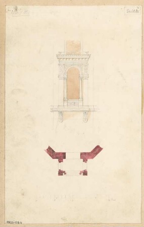 Erker Monatskonkurrenz März 1868: (3.) Variante in Grundriss und Aufriss (Vorderansicht); Maßstabsleiste. (vergl. MK 33-006a)