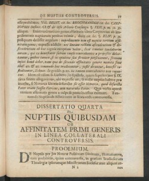 Dissertatio Quarta De Nuptiis Quibusdam Ob Affinitatem Primi Generis In Linea Collaterali Controversis