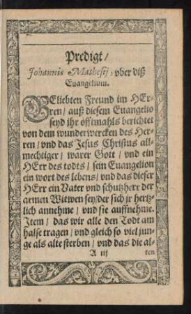 Predigt/ Johannis Mathesii, uber diß Evangelium.