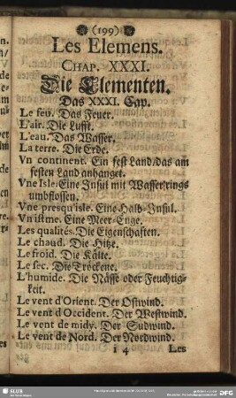 Les Elemens. Chap. XXXI. Die Elementen. Das XXXI. Cap.