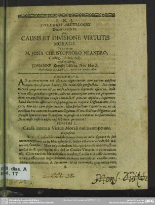 Collegii aretologici disputatio II. de causis et divisione virtutis moralis