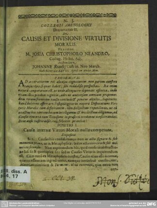 Collegii aretologici disputatio II. de causis et divisione virtutis moralis