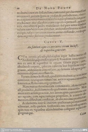 Caput V. An fontium aqua ex aere intra terram incluso, et vaporibus generetur.