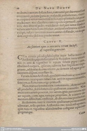 Caput V. An fontium aqua ex aere intra terram incluso, et vaporibus generetur.