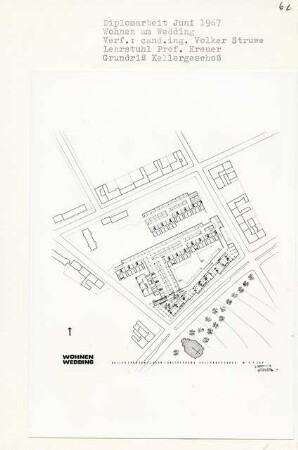 Wohnen am Wedding, Berlin-Wedding (Diplomarbeit bei Willy Kreuer): Grundriss Kellergeschoss 1:500