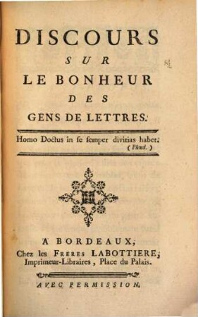 Discours sur le Bonheur des Gens de Lettres