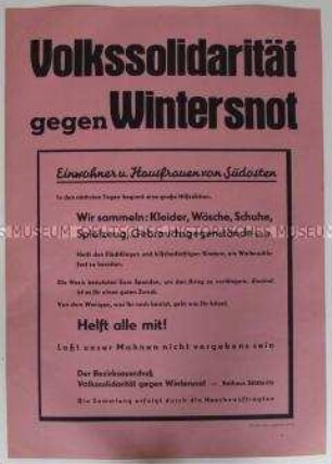 Maueranschlag der Volkssolidarität Leipzig mit einem Aufruf zu Solidarität und Spenden gegen die Wintersnot