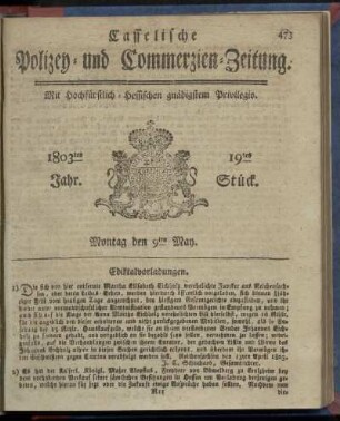 19tes Stueck, Montag den 9ten May 1803