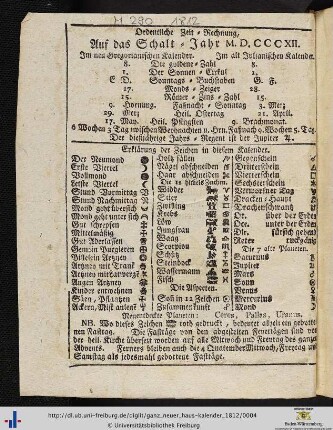 Ordentliche Zeit-Rechnung auf das Schalt-Jahr 1812.