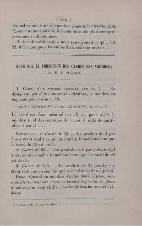 Note sur la formation des carrés des nombres.