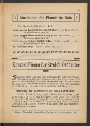 Musikalien für Pianoforte-Solo