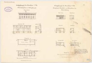 Strafgefängnis, Frankfurt/Main Frauenanstalt - Wirtschaftsgebäude, Aborte, Waschküche, Pförtnerhaus: Wirtschaftsgebäude: Grundriss Erdgeschoss, Dachgeschoss, Aufriss Vorderansicht, Längsschnitt, Querschnitt 1:200. Pförtnerhaus usw.: Grundrisse, Aufriss Westansicht, Nordansicht, Längsschnitt, Querschnitt1:200
