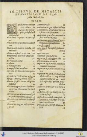 Index in librum De Metallis et epistolam De Lapide Sabuloso.