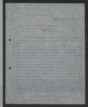 Abschrift Brief des BDF an den Stadtverband Frankfurter Frauenvereine z. H. Jenny Apolant