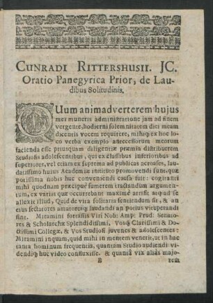Cunradi Rittershusii. IC. Oratio Panegyrica Prior, de Laudibus Solitudinis.