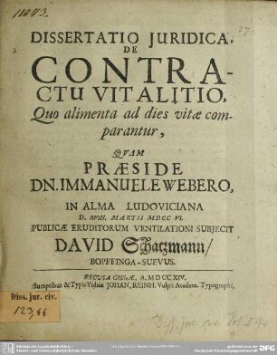 Dissertatio Iuridica, De Contractu Vitalitio, Quo alimenta ad dies vitae comparantur