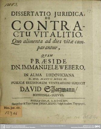 Dissertatio Iuridica, De Contractu Vitalitio, Quo alimenta ad dies vitae comparantur