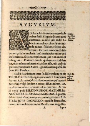 Prognosticon Augurale Ex Gentilitiis Avibus Ad Cunas Serenissimi Principis Leopoldi Josephi Serenissimorum Parentum Eleonorae Mariae Reginae Poloniae Duc. Lotharingiae A.A. &c Et Caroli Leopoldi Ducis Lotharingiae Et Barri Gubernatoris Tirolis, &c. Dulcissimi Filii