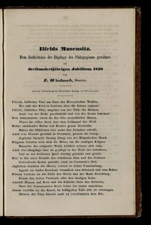 Ilfelds Musensitz. Dem Gedächtniss der Zöglinge des Pädagogiums gewidmet am dreihundertjährigen Jubiläum 1850