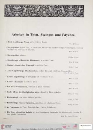 Arbeiten in Thon, Steingut und Fayence (Nr. 1 - 31)