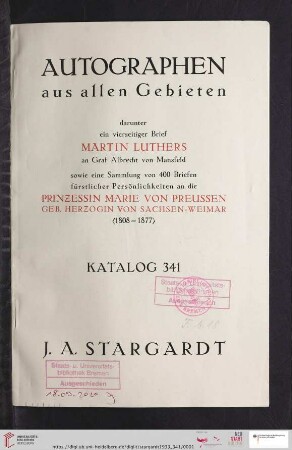 Nr. 341: Katalog / J. A. Stargardt: Autographen