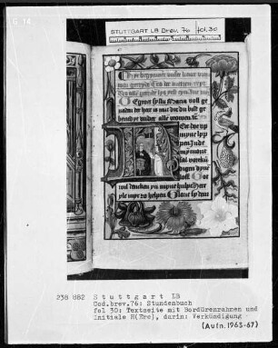 Niederdeutsches Stundenbuch (Lüning-Bergheim-Gebetbuch) — Initiale H (ere), darin Verkündigung, Folio 30recto