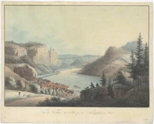 Ansicht von Wehlen an der Elbe, Umrißradierung, 1820 : Vue de Wehlen sur l'Elbe près de Königstein en Saxe / déssiné d'aprés Nature par Jentsch. Gravé par Wizani le jeune. - [Dresde] , 1820. - 1 Kunstbl. : aquarellierte Umrißradierung , 53 x 37 cm