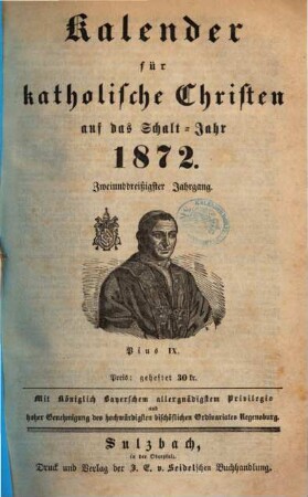 Kalender für katholische Christen : auf d. Jahr ... 1872
