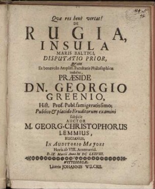 De Rugia, Insula Maris Baltici, Disputatio Prior