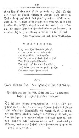 XVI. Noch etwas über das Herrnhuthische Verketzern. Berichtigung des im VII. Hefte des III. Jahrganges dieser Zeitschrift stehenden Aufsatzes.