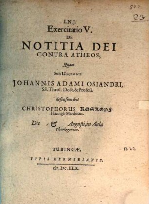 Exercitatio V. de notitia Dei contra Atheos