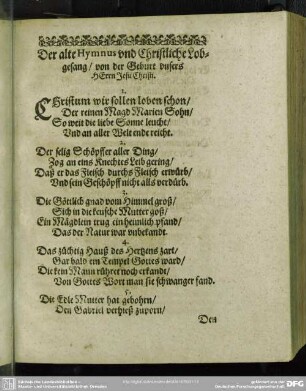 Der alte Hymnus und Christliche Lobgesang, von der Geburt unsers HErrn Jesu Christi