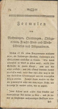 Formulen von Rechnungen, Quittungen, Obligationen, Fracht- Avis- und Wechselbriefen und Affignationen