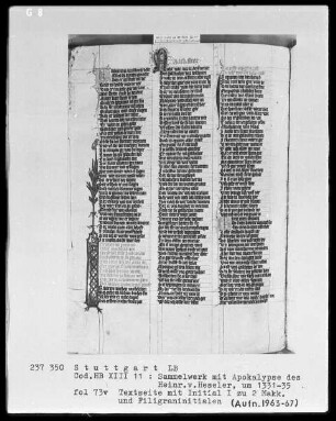 Sammelwerk mit Apokalypse des Heinrich von Hesler & Christherrenchronik — ---, Folio 52recto-96recto---, Folio 52recto-96rectoInitiale I, Folio 73 verso