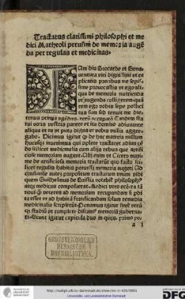 Tractatus clarissimi philosophi et medici Matheoli Perusini de memoria augenda per regulas et medicinas.