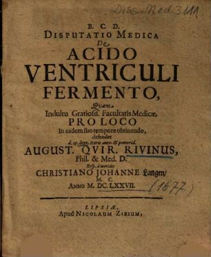Disputatio Medica De Acido Ventriculi Fermento